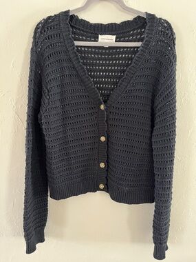 Black Open Knit Crochet Cardigan 100% Cotton Coastal Boho Whimsigoth Medium